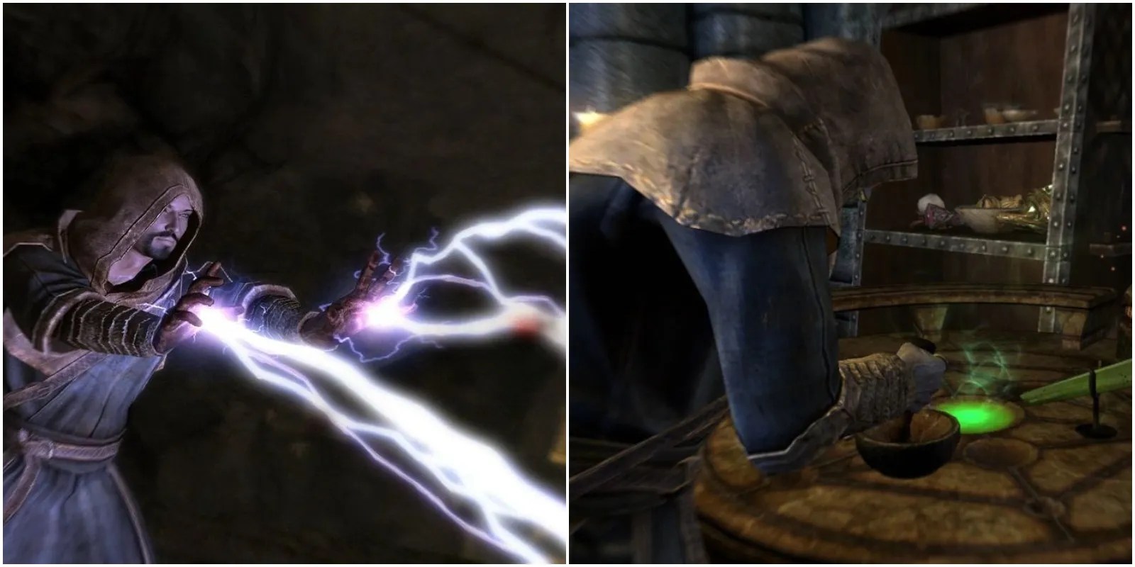 left: player using magic; right: player doing alchemy