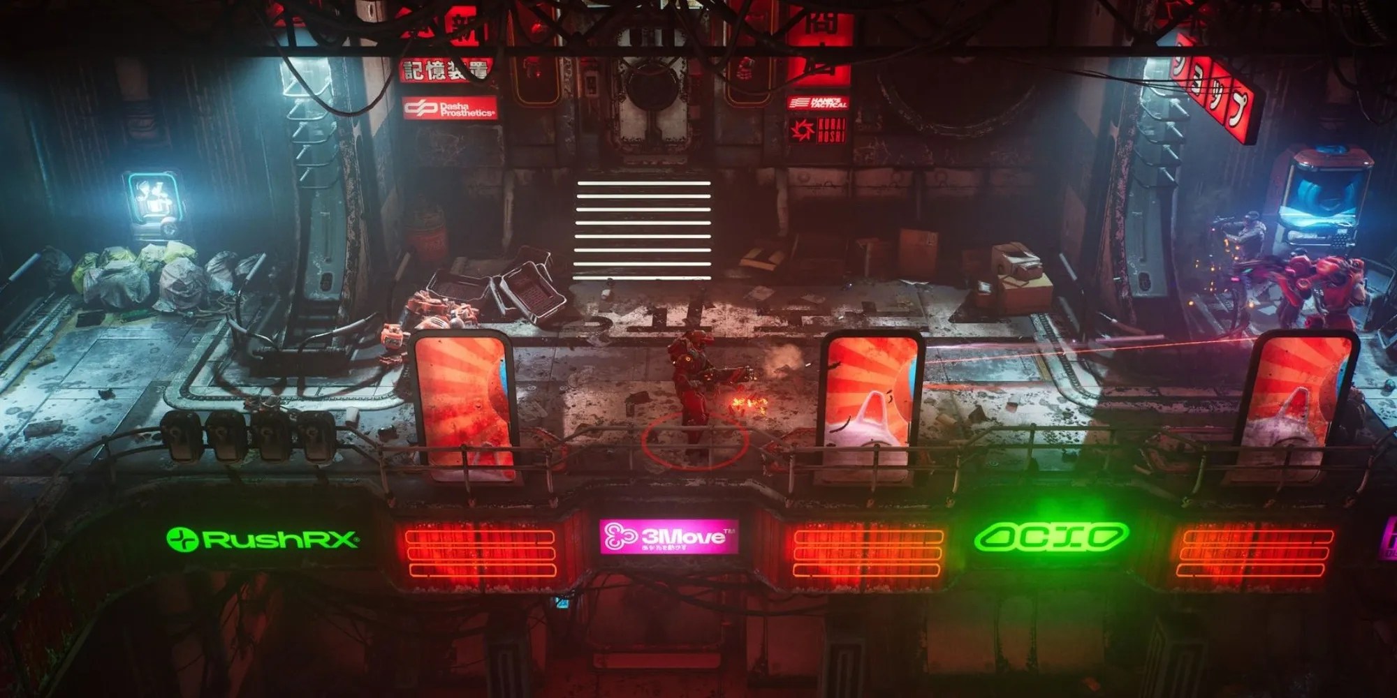 The Ascent, player walking down a pathway, ready for a fight