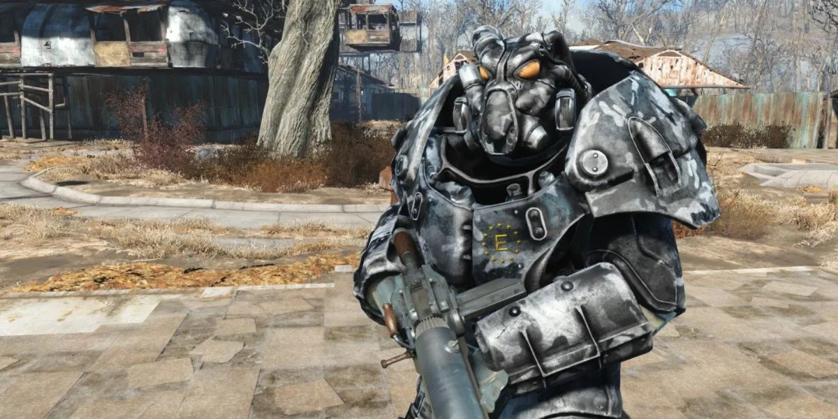 a character with power armor and a rifle in Fallout 4