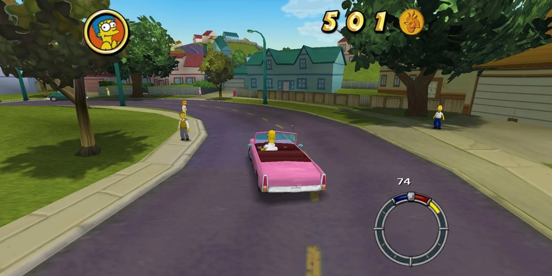 Screenshot from The Simpsons: Hit and Run showing Homer driving his car..