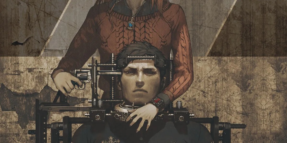 Zero Escape art of a man with his head in a contraption