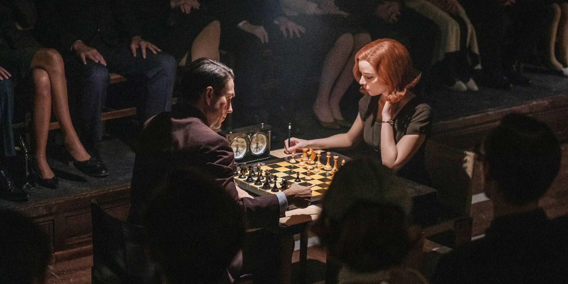 Beth Harmon writes down the last move during her final game against Vasily Borgov in &lsquo;The Queen&rsquo;s Gambit&rsquo;.