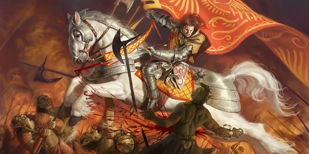 Cavalier Pathfinder mounted with a red banner