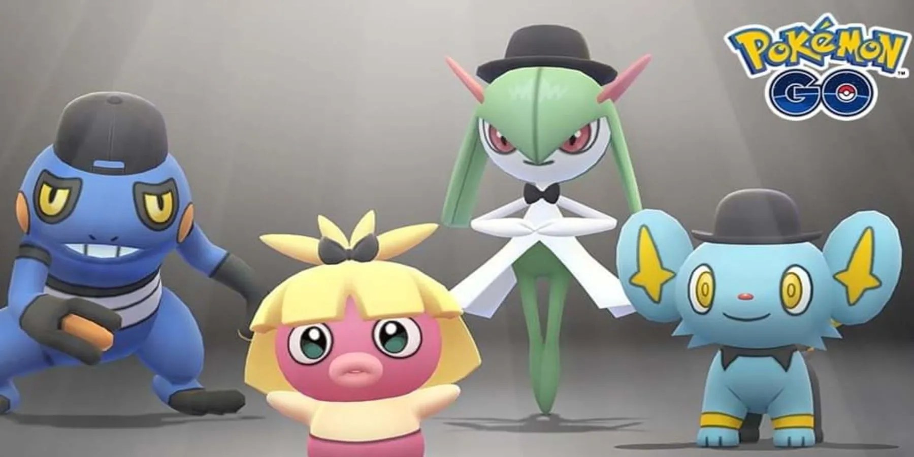 Promotional art for Pokemon GO&rsquo;s Fashion Week depicting Croagunk, Smoochum, Kirlia, and Shinx in event outfits