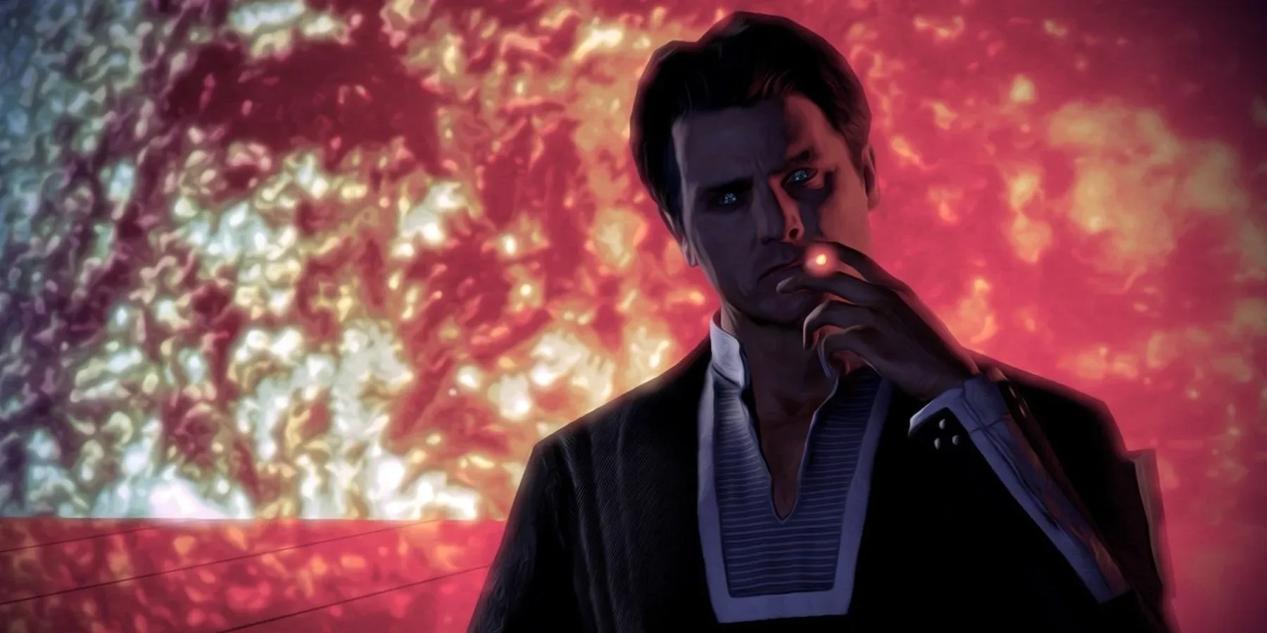 The Illusive Man smoking while speaking with Commander Shepard.