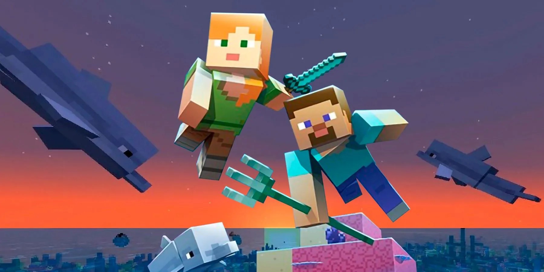 Promo art for Minecraft Update Aquatic depicting Steve and Alex swimming with a trident and some dolphins in a coral reef
