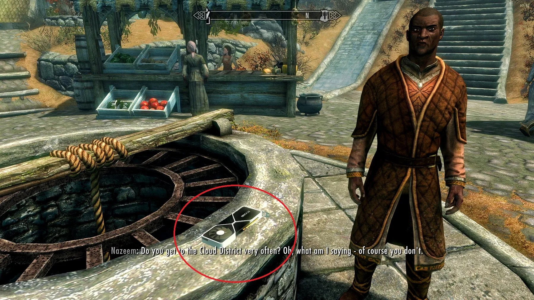 Screenshot from Skyrim showing an Nvidia RTX 3080 graphics card on a well in Whiterun.