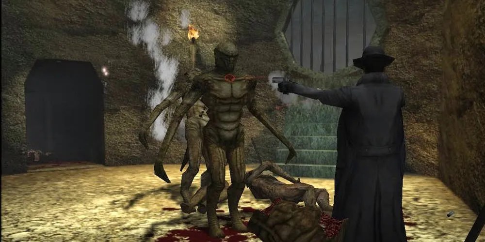 Man shooting creatures by torchlight Nocturne
