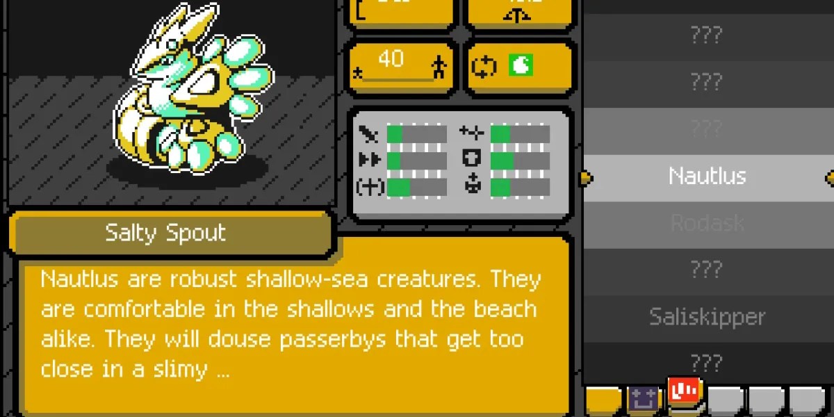 menu that shows an alternate form of the monster Nautlus with it&rsquo;s description and type