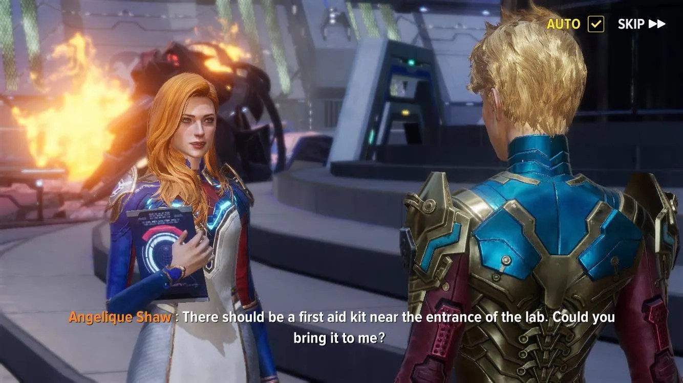 An agent asks Captain Marvel to retrieve a first aid kit as explosions happen in the background