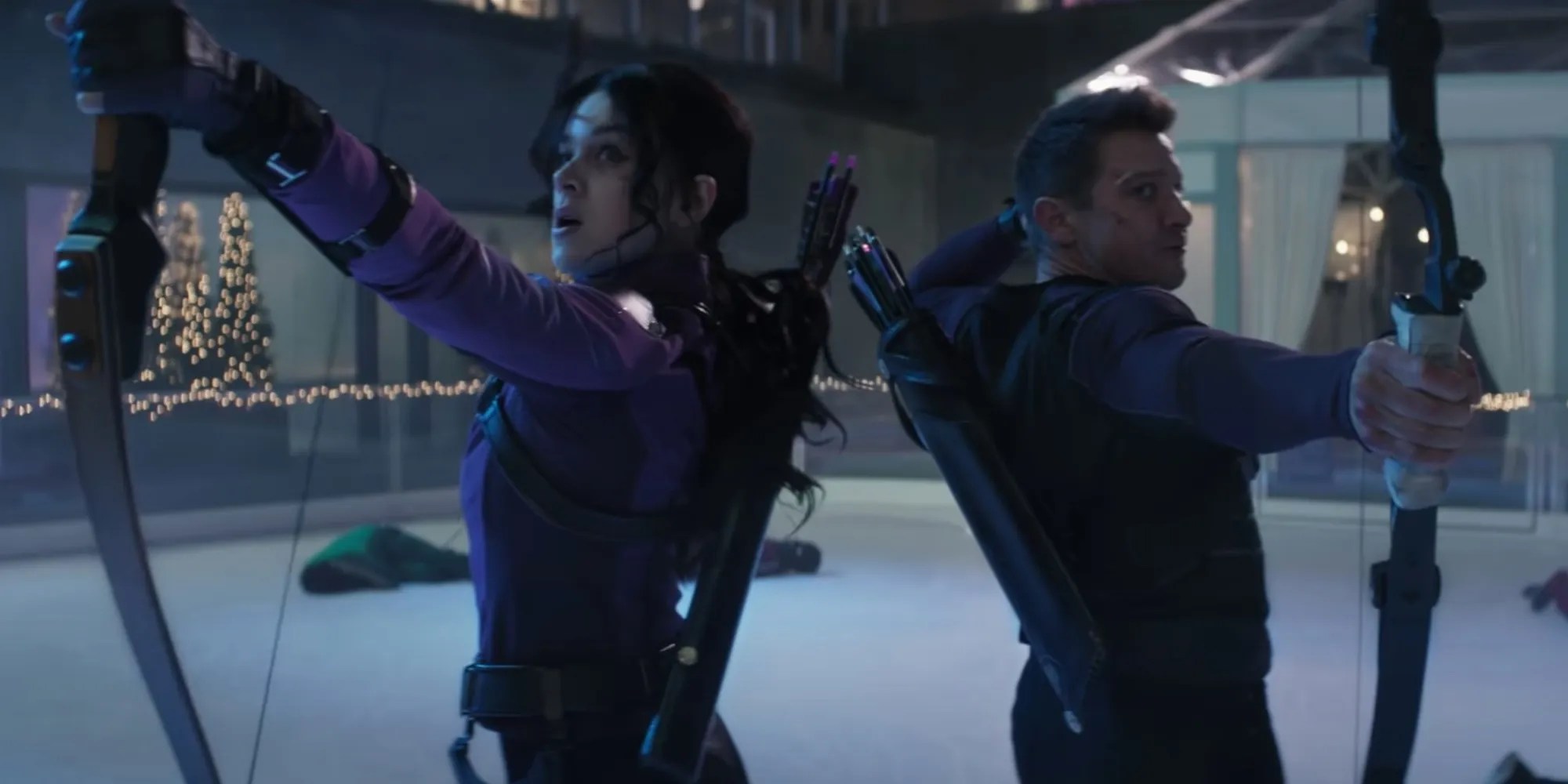 Hailee Steinfeld and Jeremy Renner using bows in Hawkeye