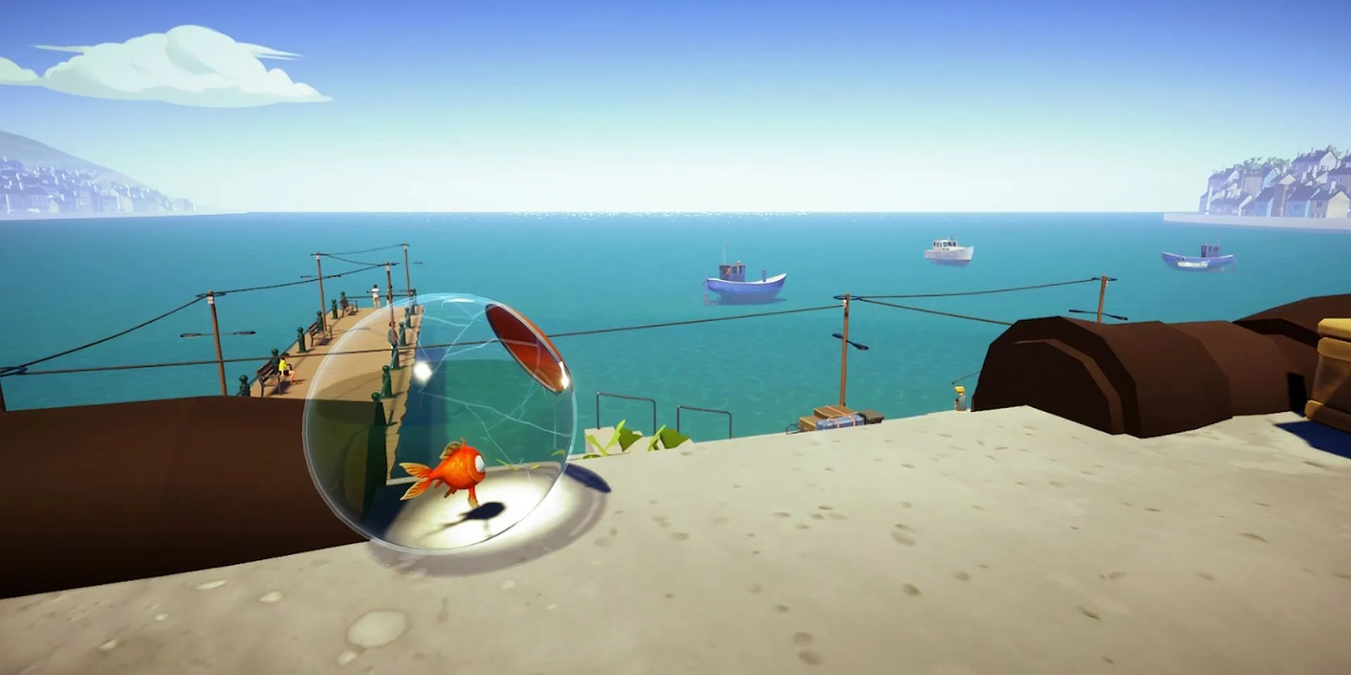 The goldfish in a slightly shattered bowl in I Am Fish