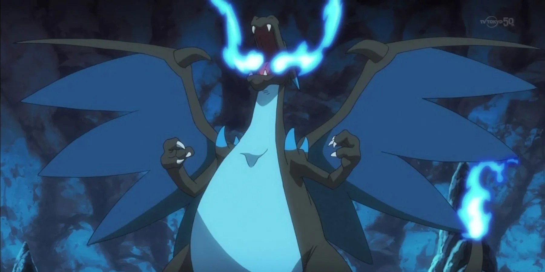 Red&rsquo;s Mega Charizard X getting ready to attack in a Pokemon anime