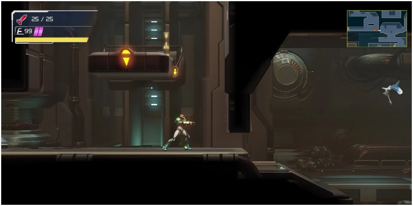 Metroid Dread Samus standing by a wall with a destroyed part