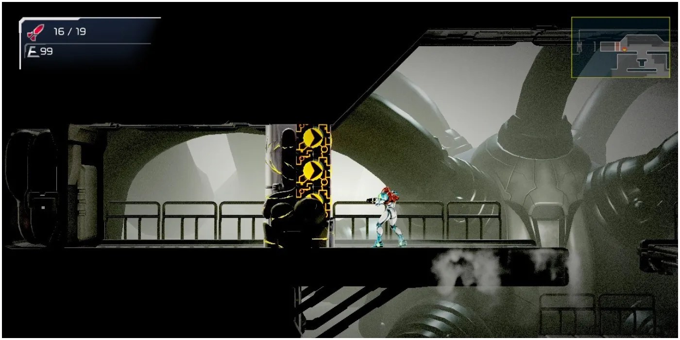 Metroid Dread Samus standing in front of some revealed Speed Booster blocks