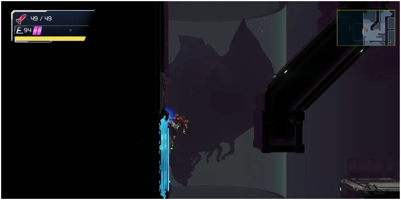 Metroid Dread Samus perched near a diagonal surface