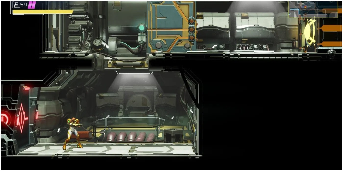 Metroid Dread Samus standing in front of a locked E.M.M.I. door