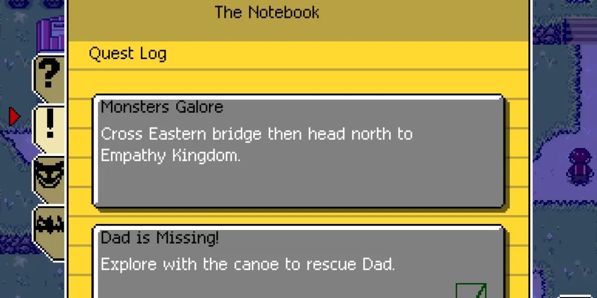 a menu screen with grey boxes that detail different main quests