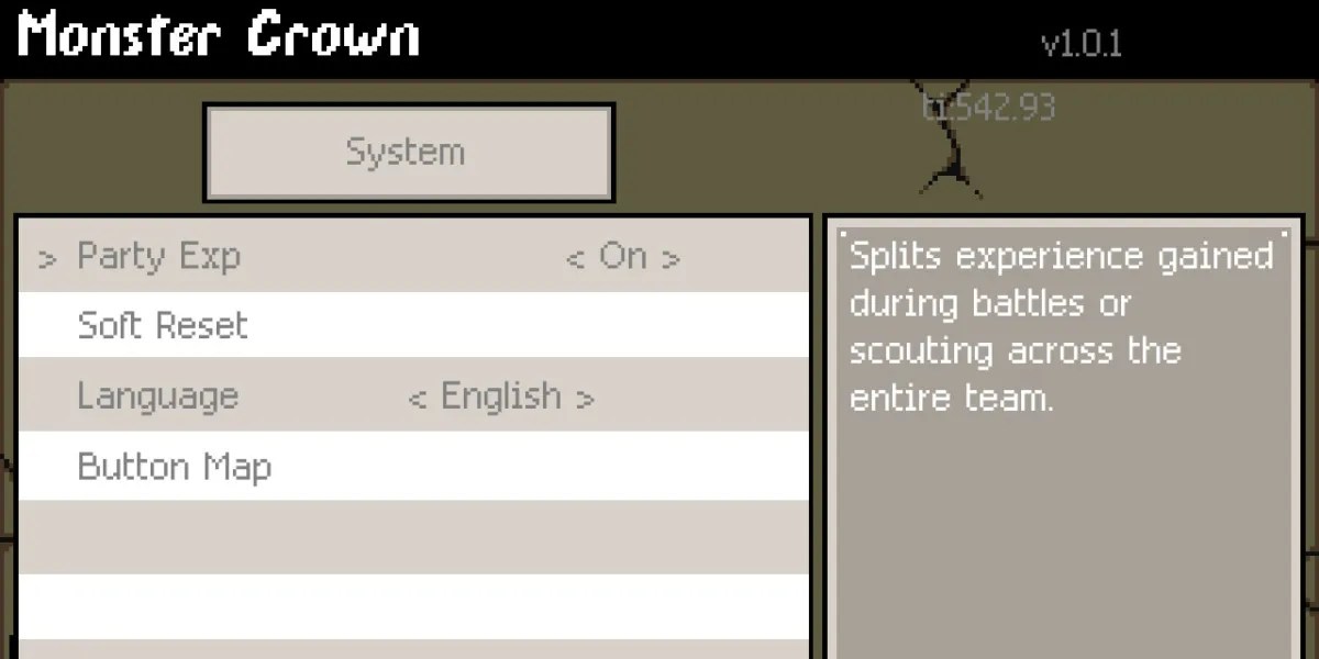 tan and white horizontal bars, setting screen with &ldquo;party exp&rdquo; option selected