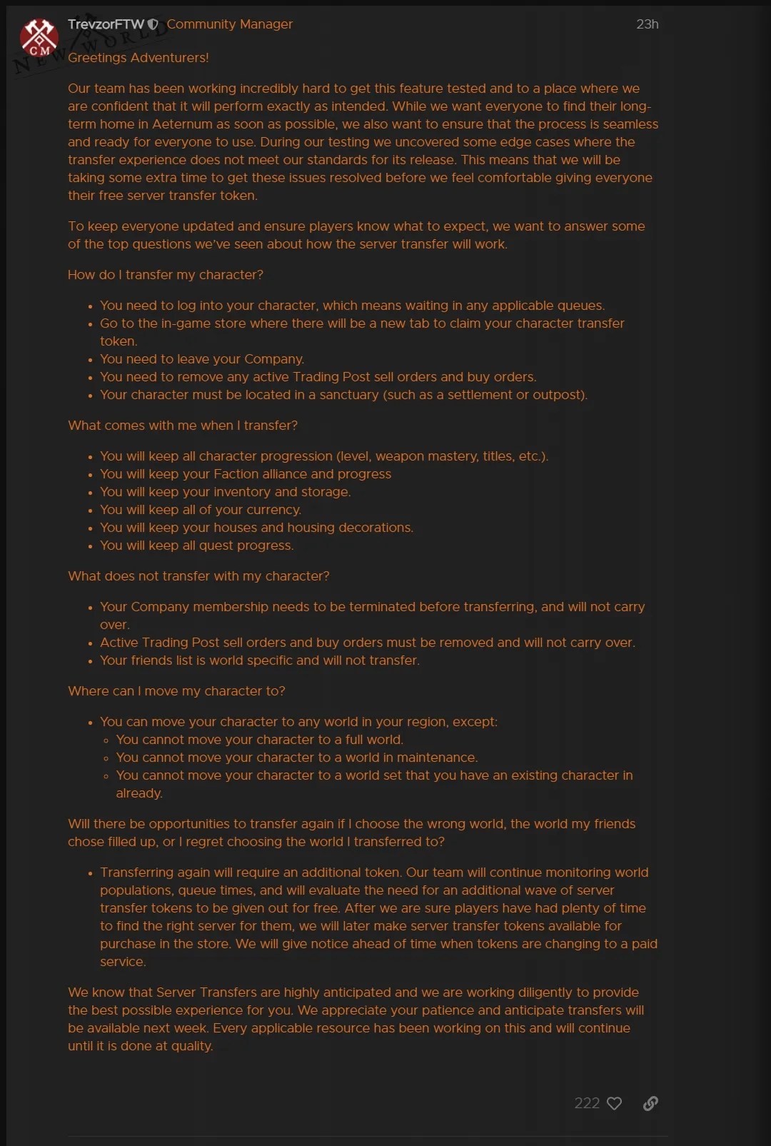 new world addresses server transfer plans