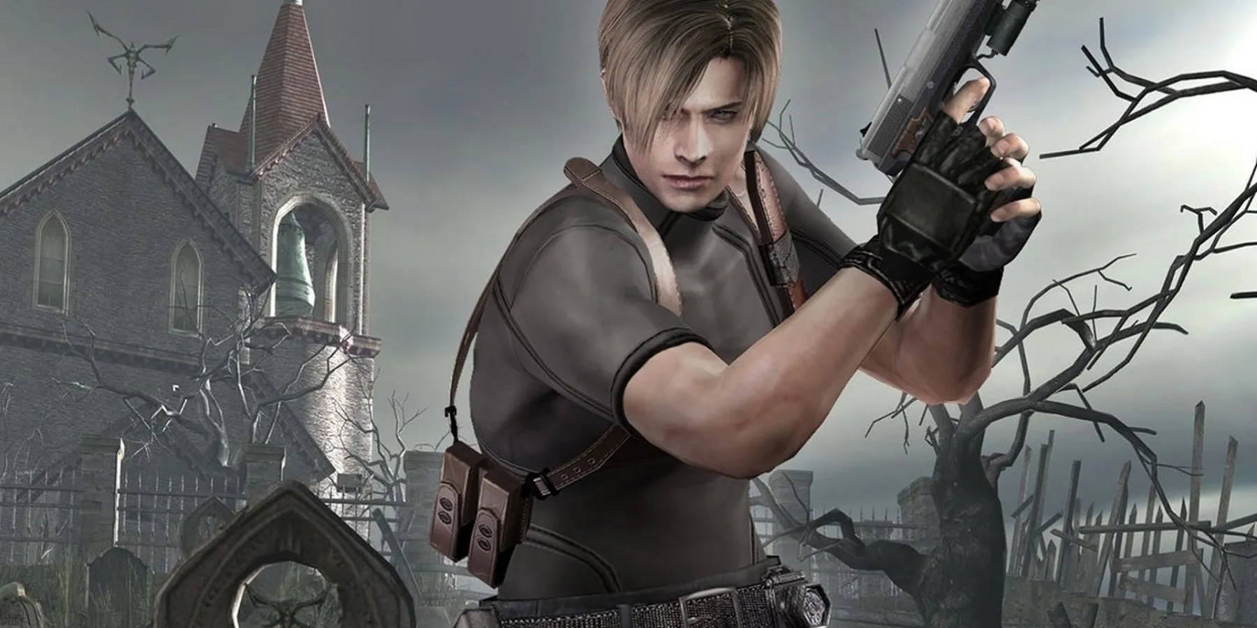 An iage from Resident Evil 4 showing a mid shot of Leon with his back to the church and graveyard.