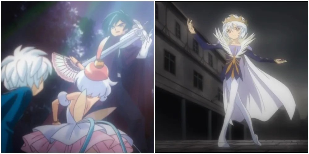 Split image of Princess Tutu defending Mytho, and Mytho in his prince outfit.