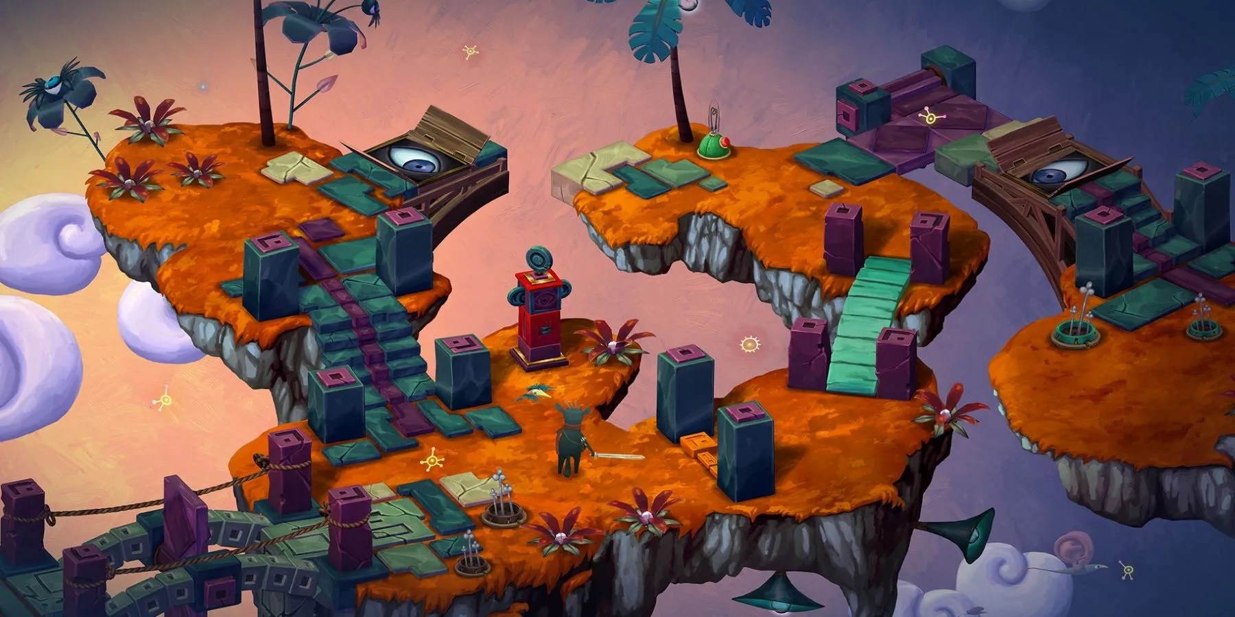 Dusty standing on several floating islands in Figment 2