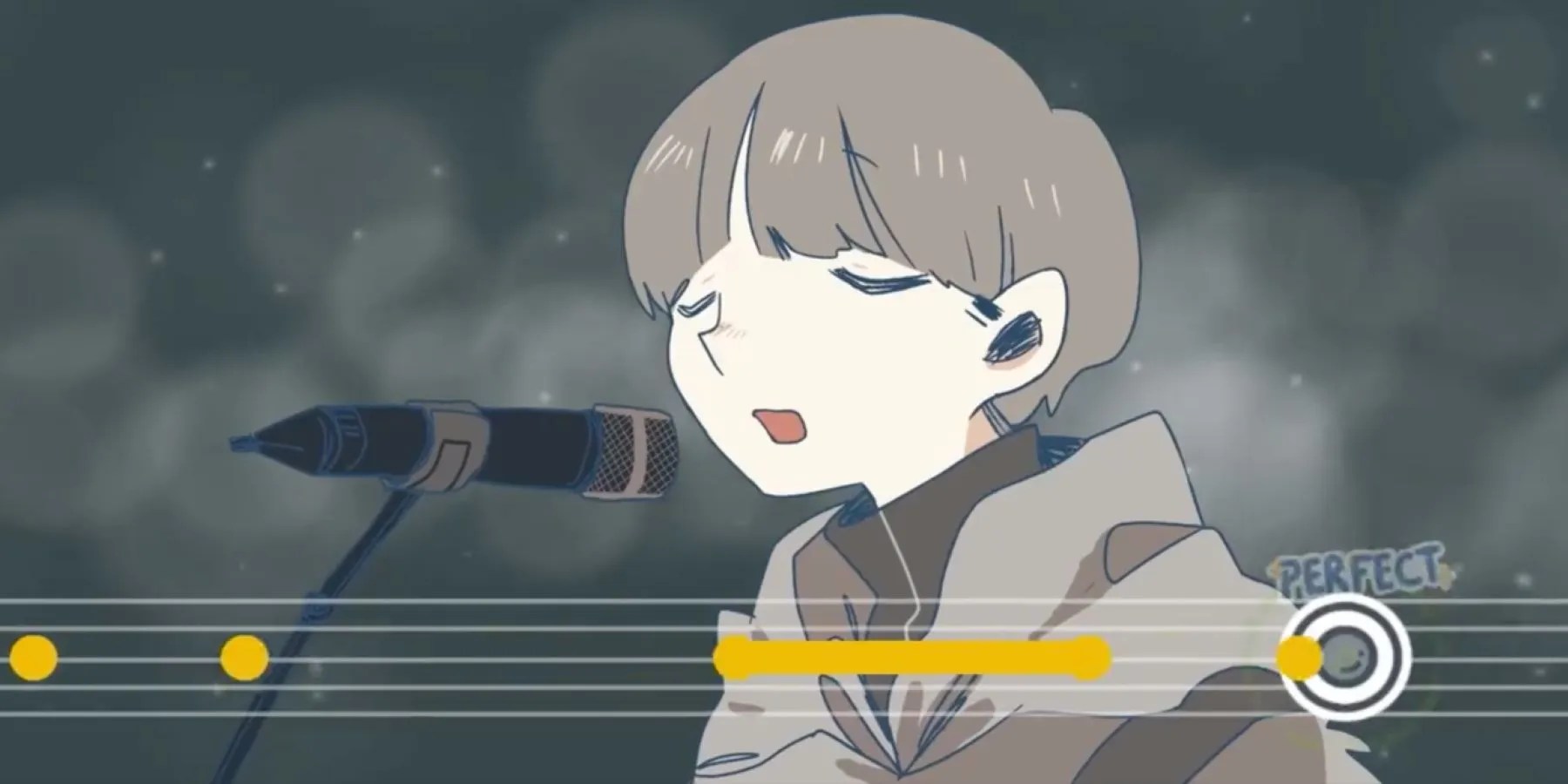 Rama singing into a microphone during a rhythm game section of Afterlove EP