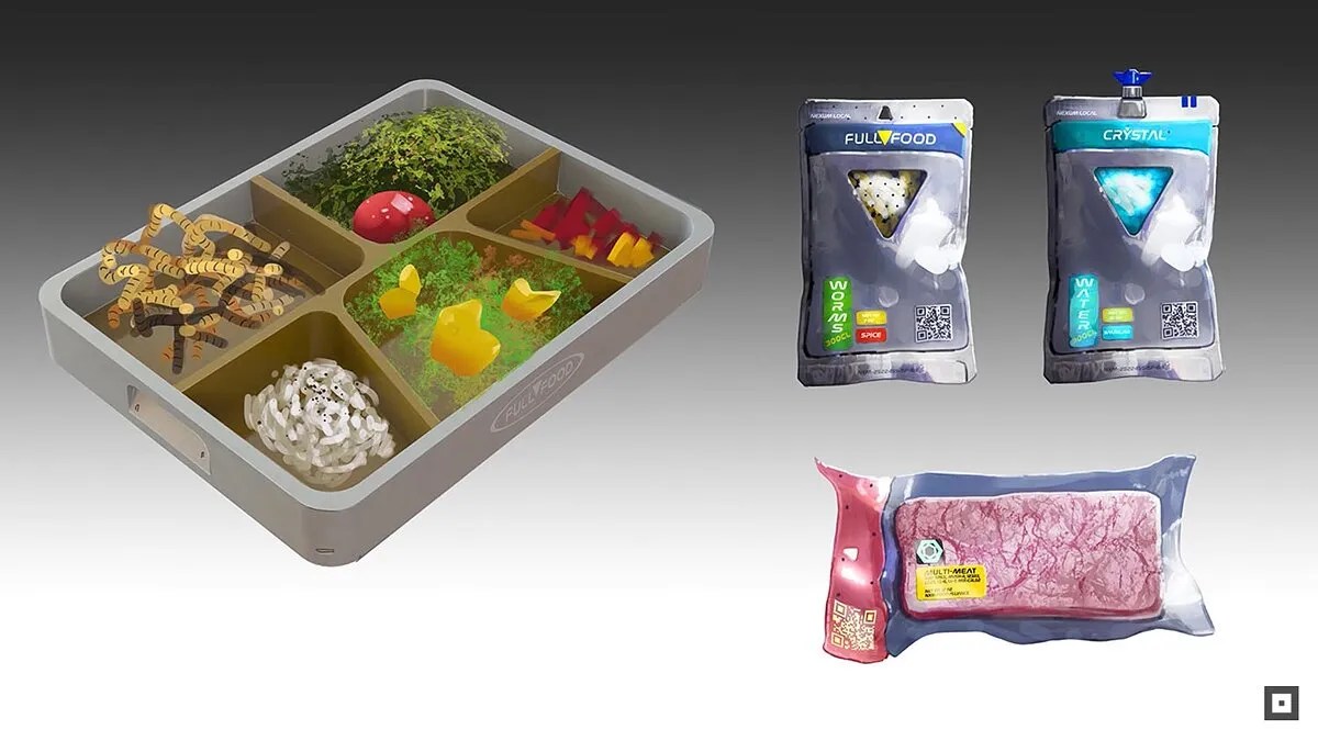 Starfield concept art of food, including a boxed meal and sealed packets of rations