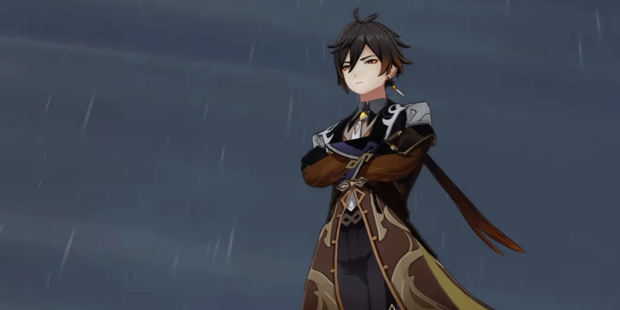 Zhongli standing on top of one of Guyun&rsquo;s mountains while it&rsquo;s raining