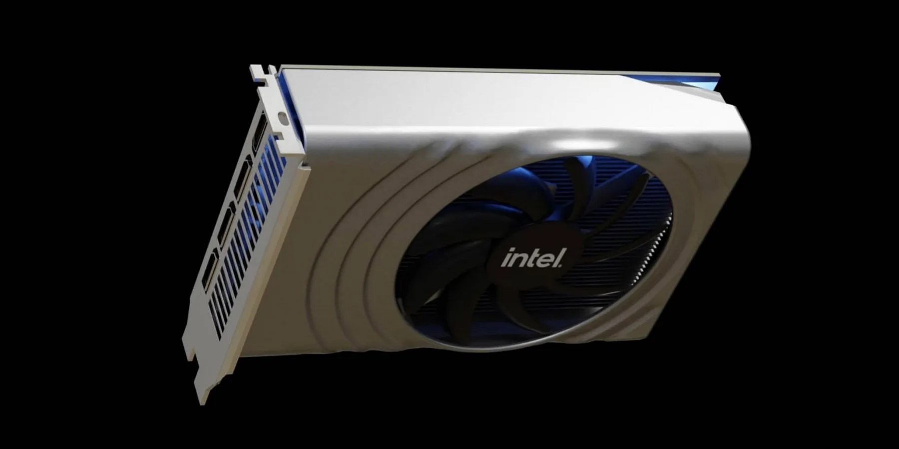 Image of an Intel Arc graphics card on a black background.