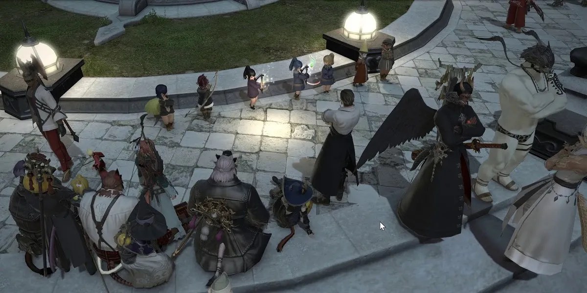 Lalafell bards playing in Limsa Lominsa.