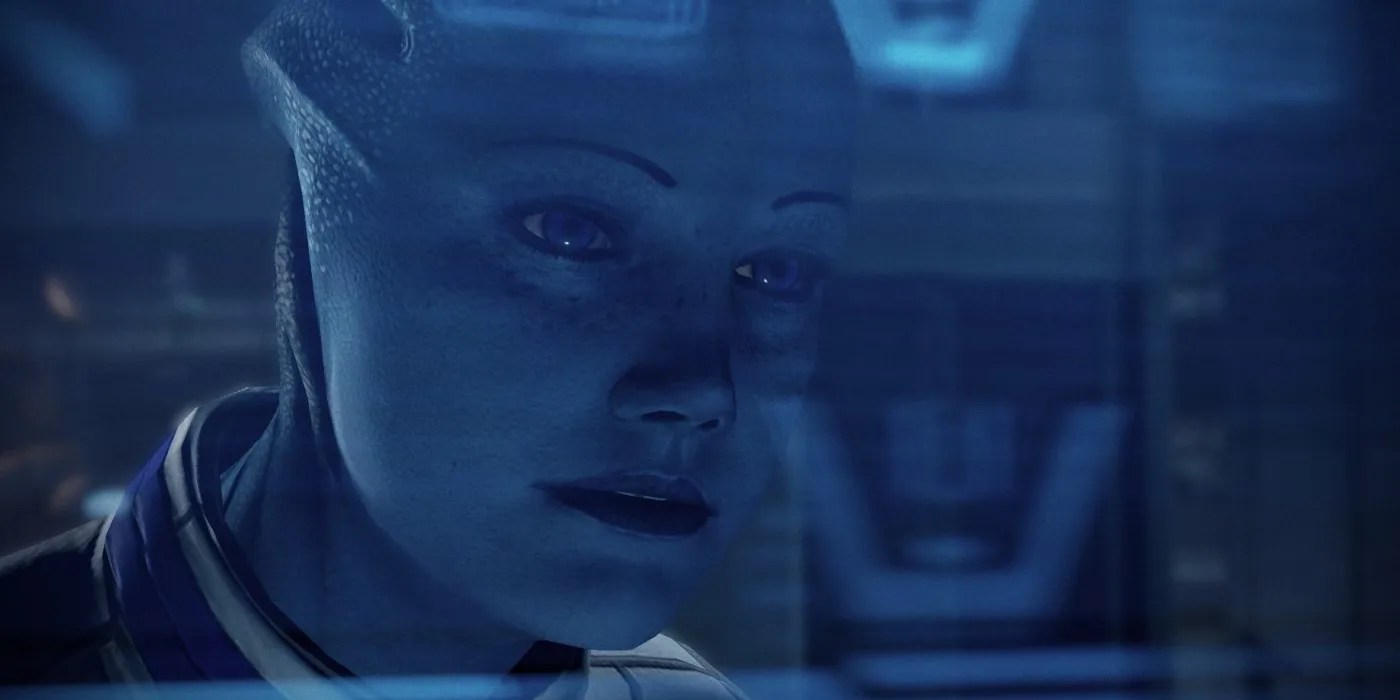 Liara in front of screen.