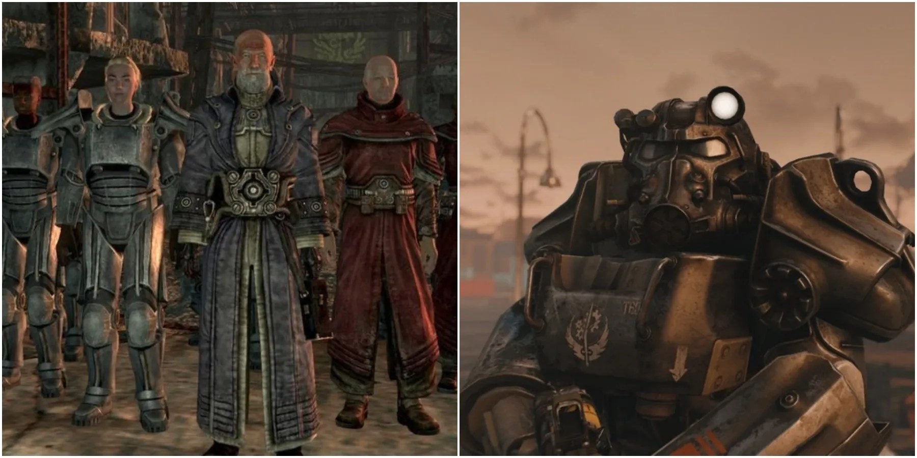 Split image of Elder Lyons and Power Armor.
