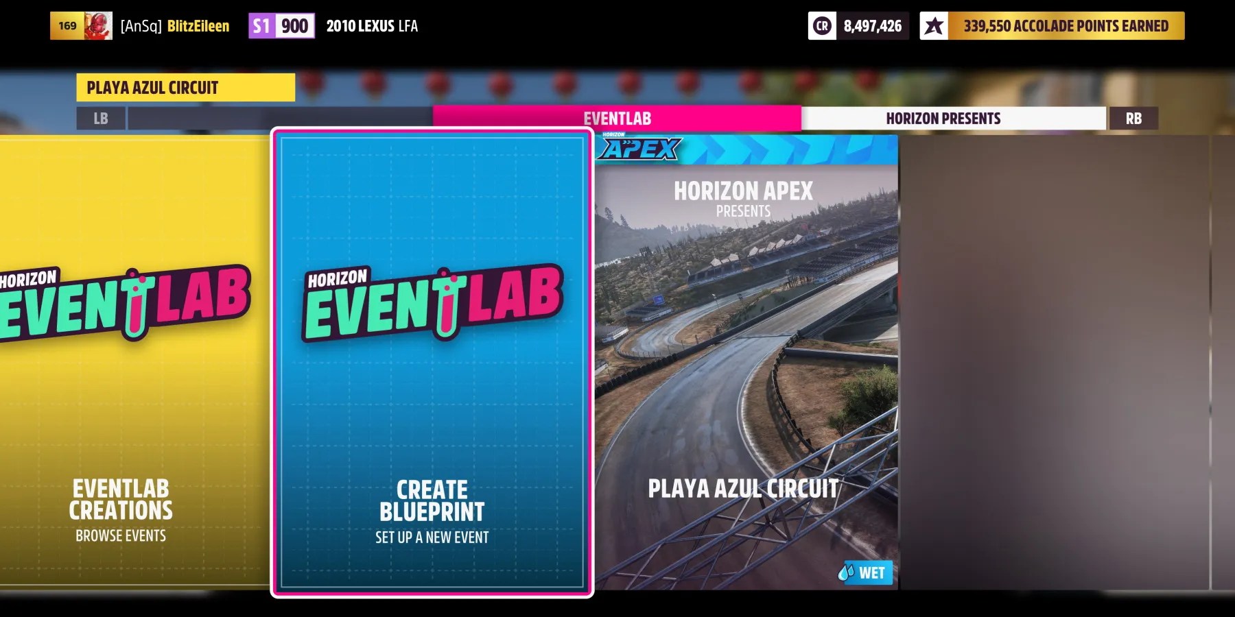 EventLab Create Blueprint screen at Horizon Apex Event