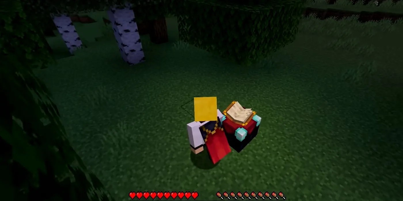 Caped player standing in dark woods by Minecraft Enchantment Table