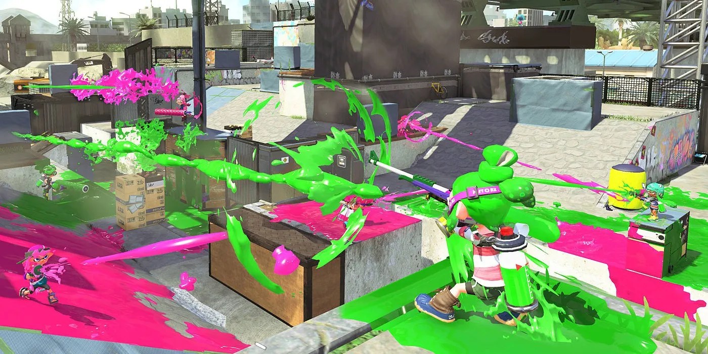 Splatoon 2 Battle Bridge firing with green and pink ink in collision