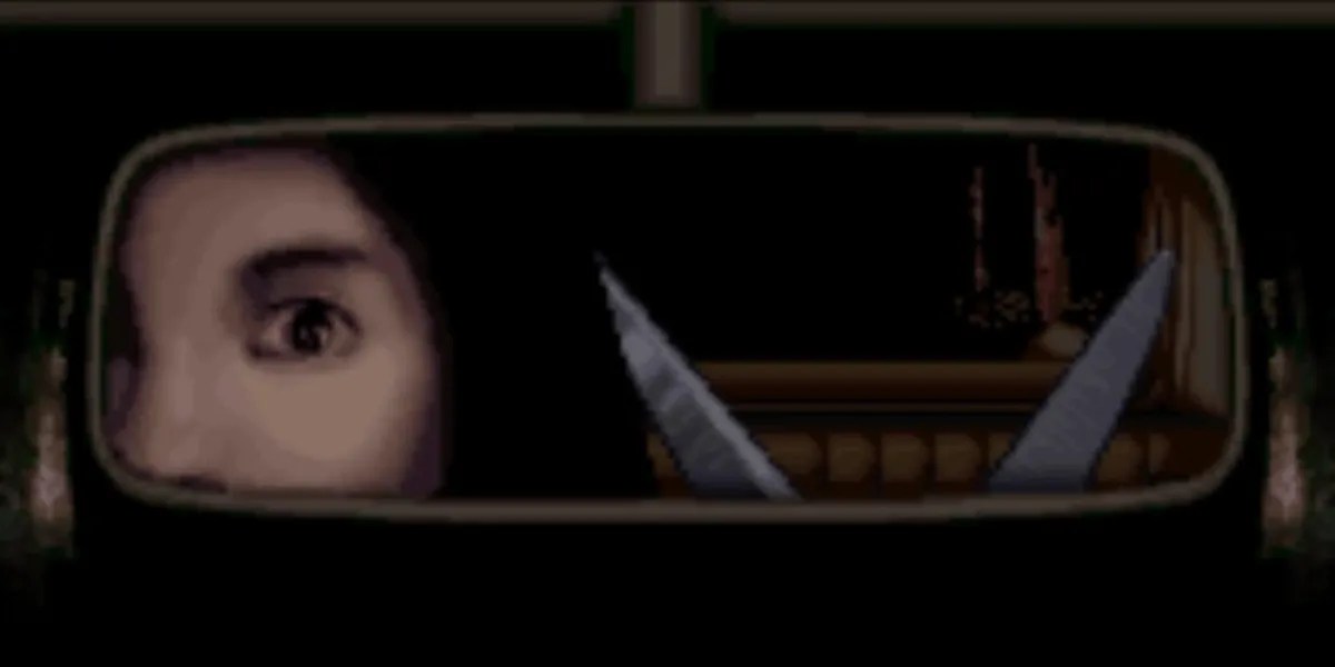 Woman seeing scissors in her mirror in clock tower