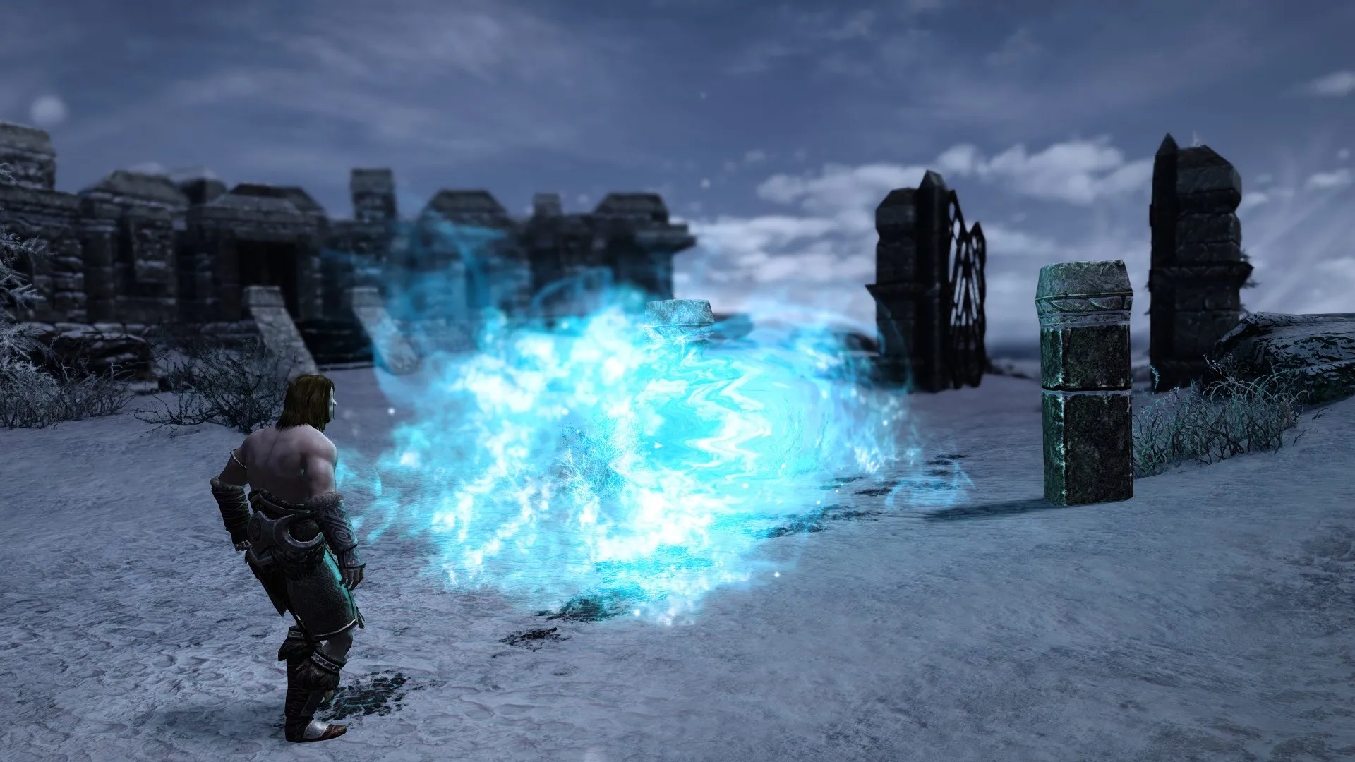 Screenshot from Skyrim showing a player doing a shout outdoors.
