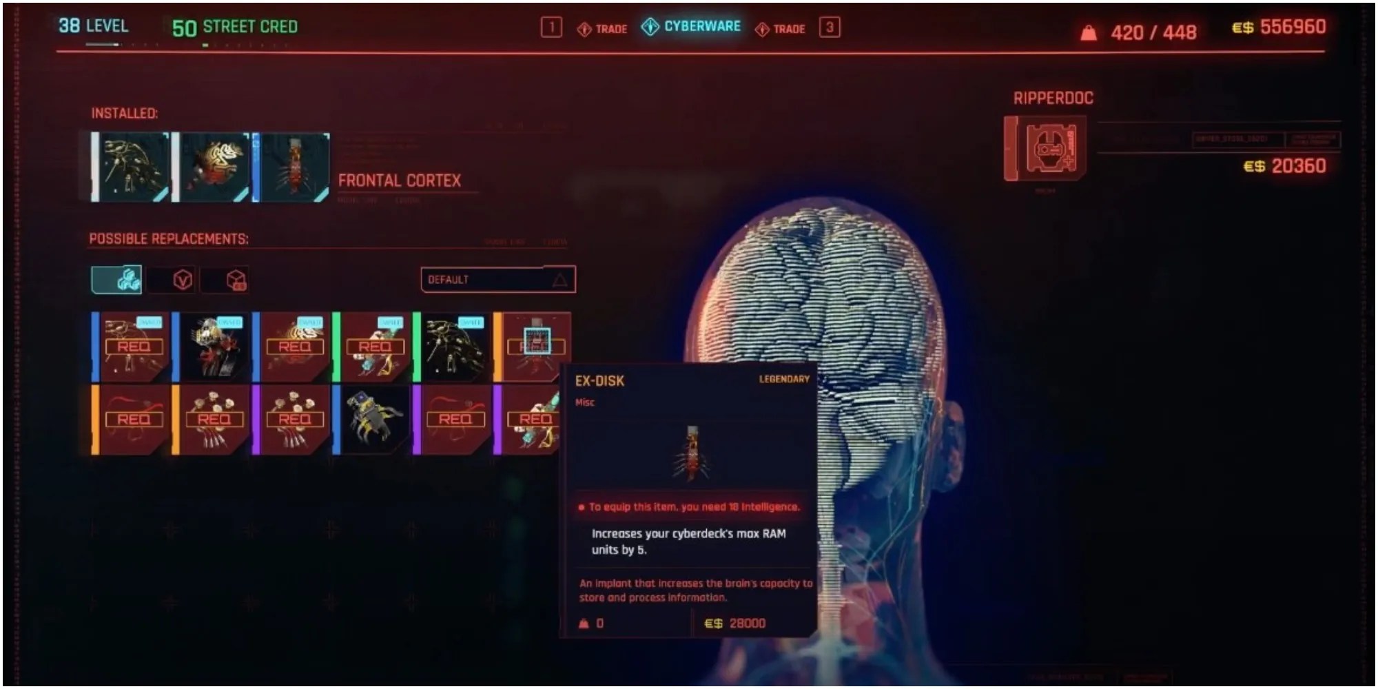 Cyberpunk 2077 Spotting A Legendary Ex Disk In A Ripperdoc Inventory