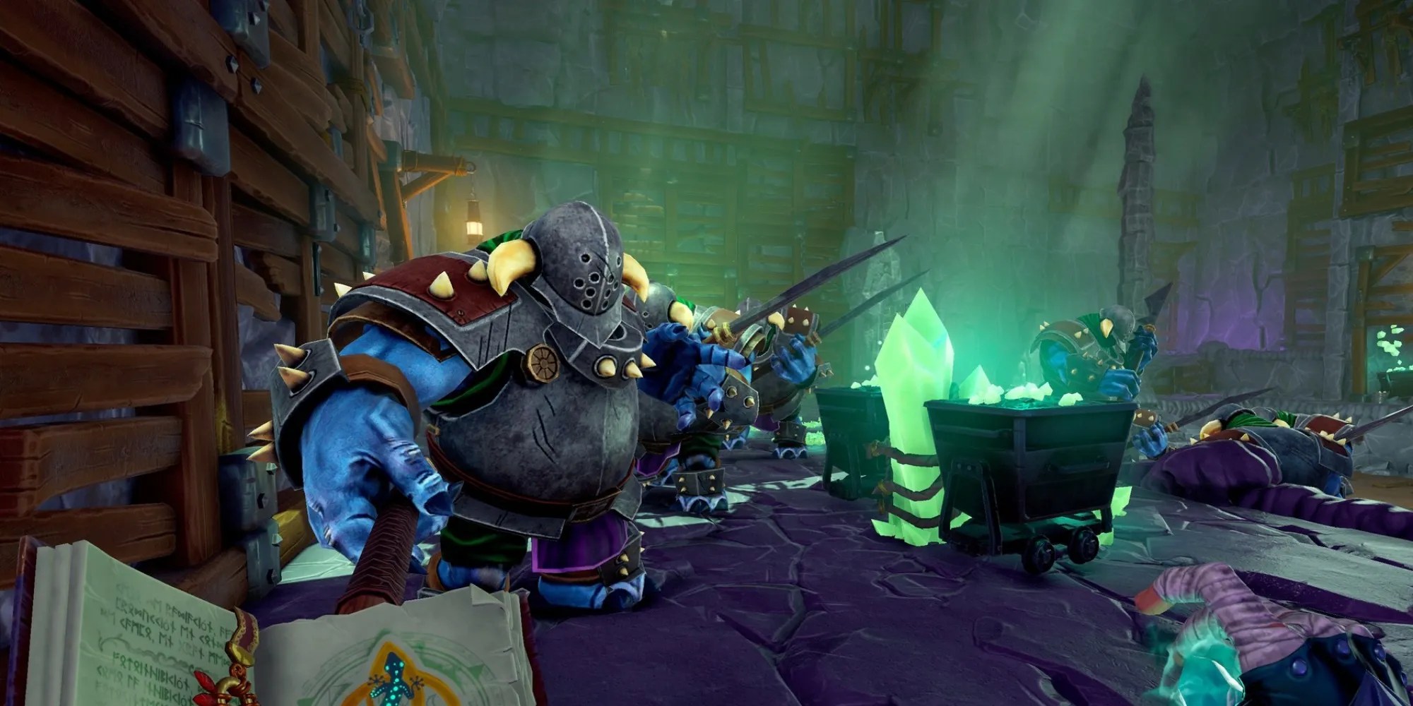 Ziggurat 2 - The player holds a tome and faces multiple enemies.