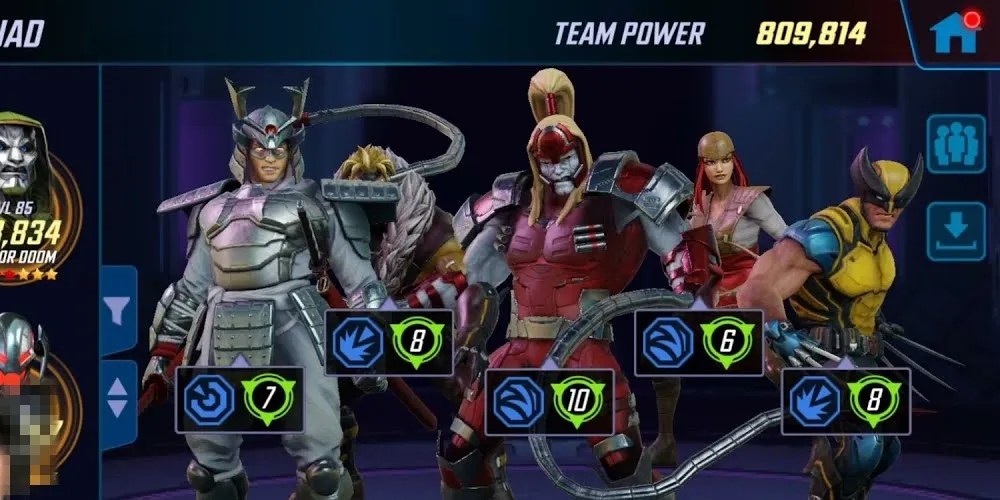 Showcase of the Weapon X team (Lady Deathstrike, Omega Red, Sabretooth, Silver Samurai, and Wolverine) from Marvel Strike Force.