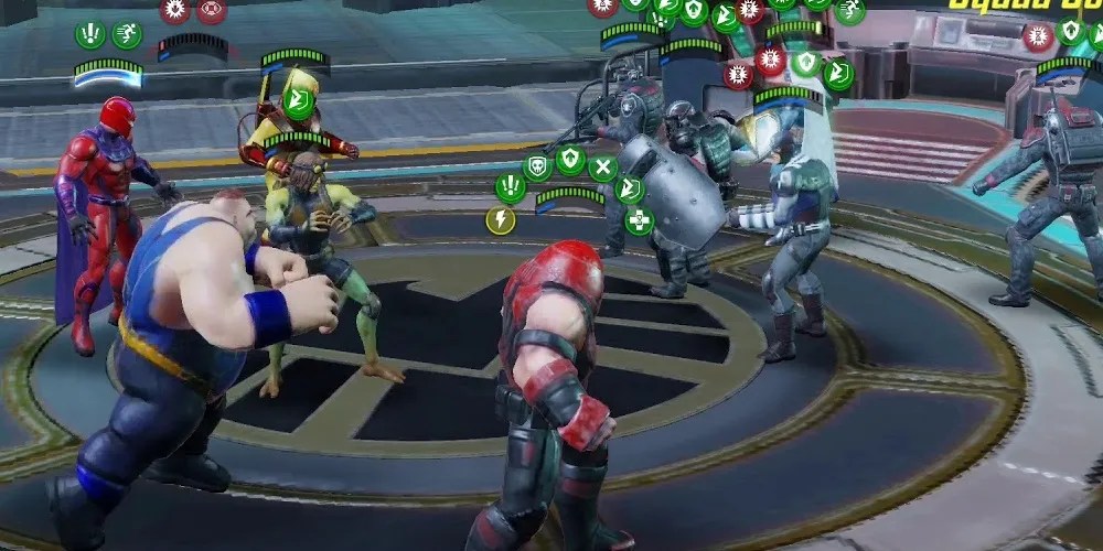Gameplay of the Brotherhood (Magneto, Blob, Toad, Pyro, andJuggernaut) from Marvel Strike Force.