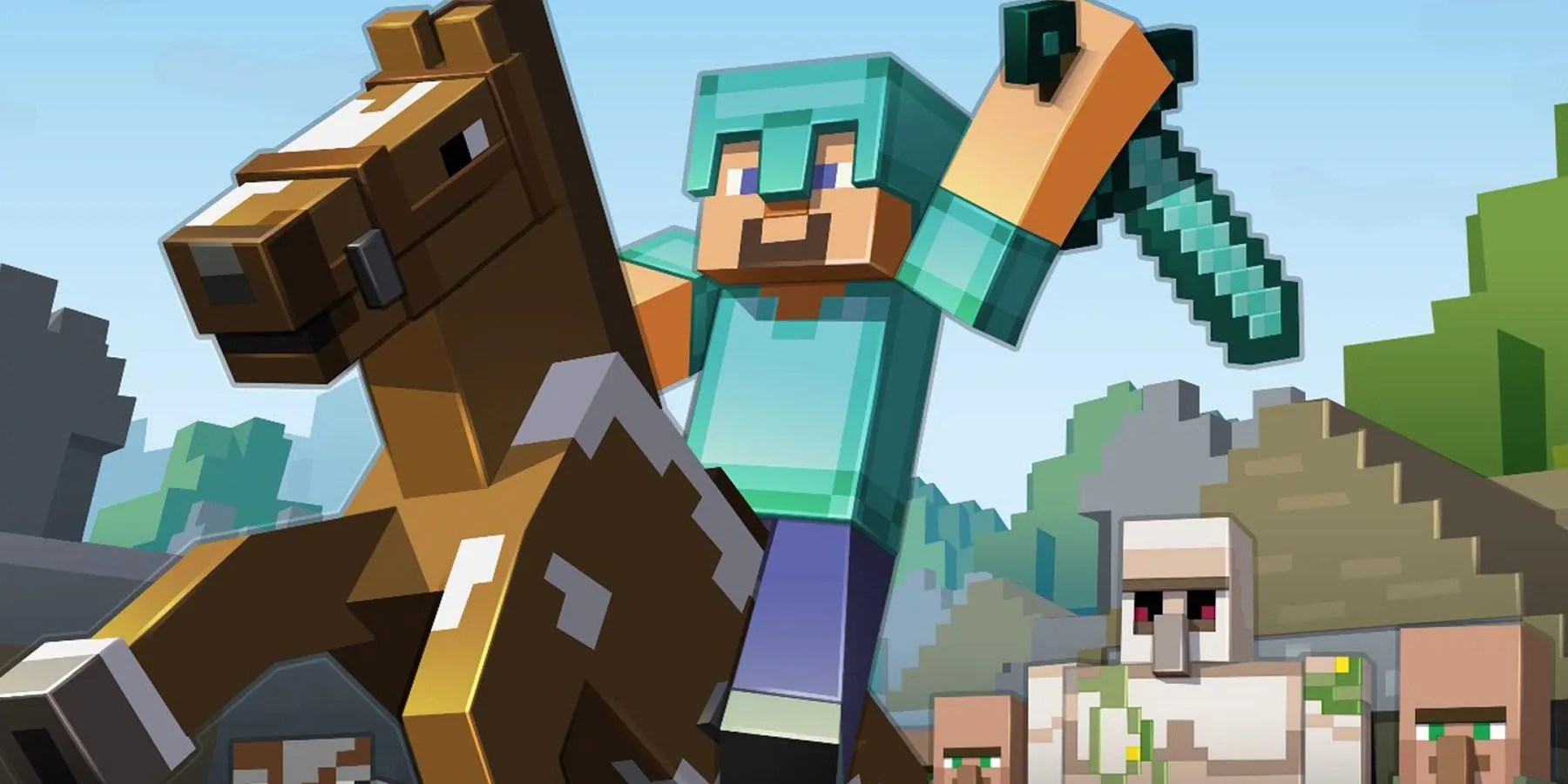 Image from Minecraft showing Steve holding a sword as he rides on a horse.
