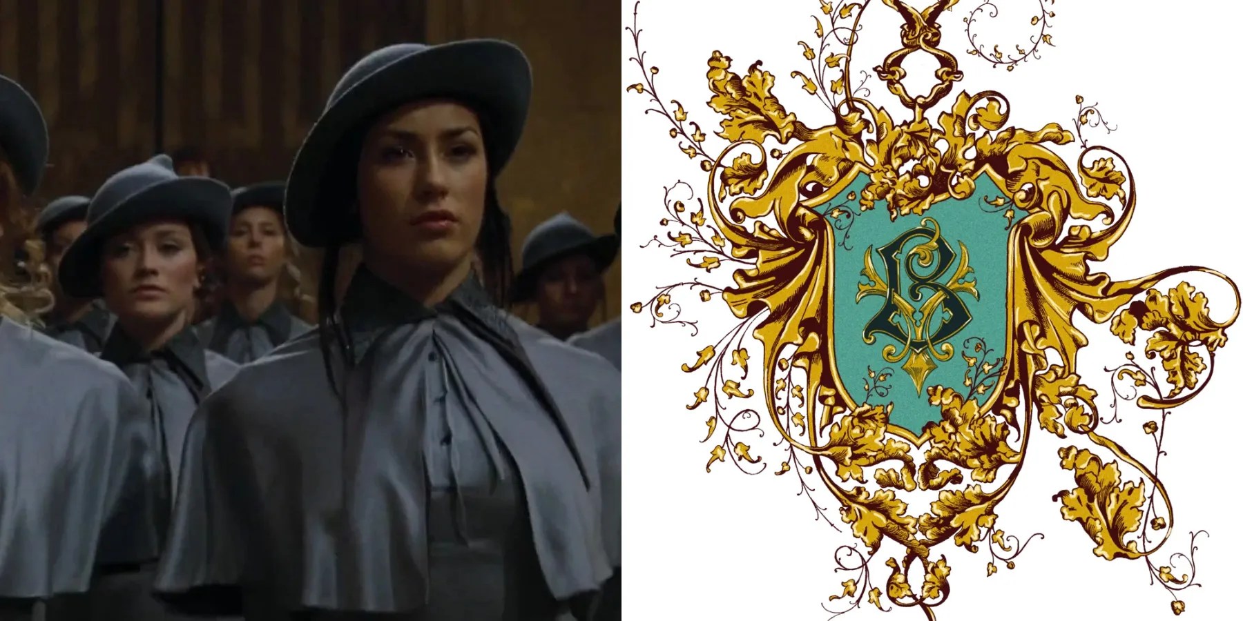 left: beauxbatons students; left: beauxbatons crest
