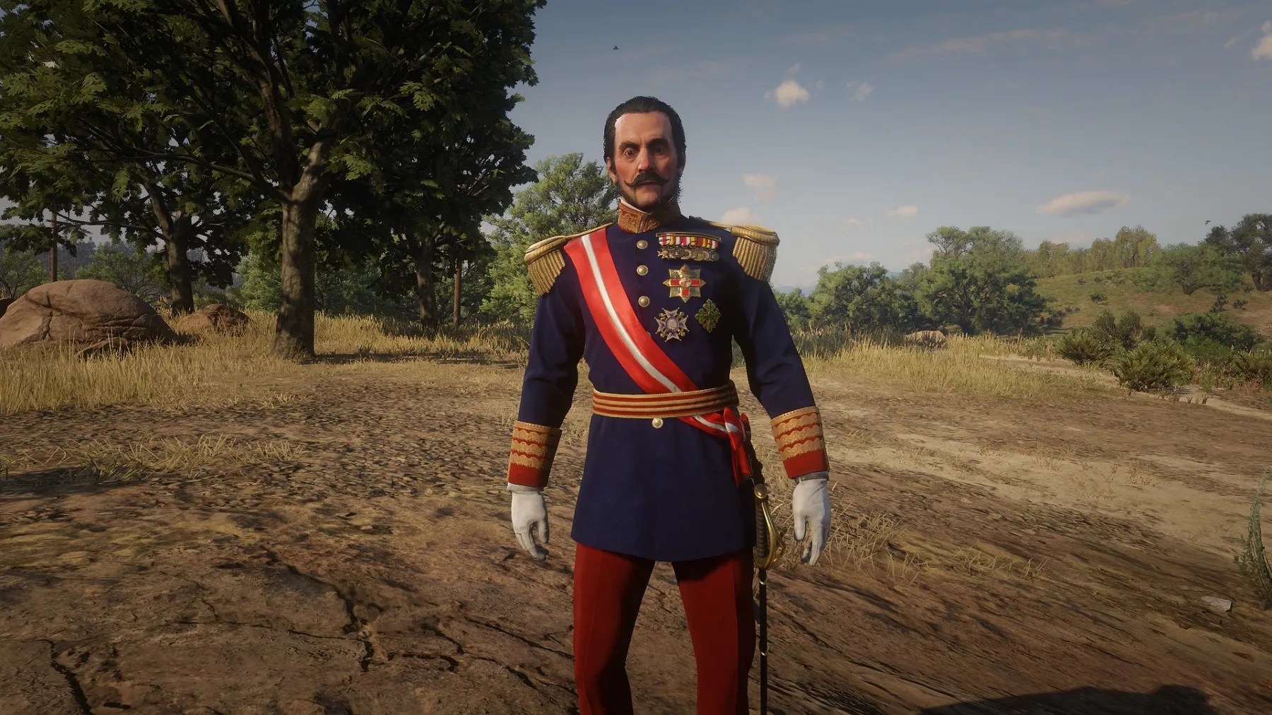 Screenshot from Red Dead Redemption 2 showing an unused character model in a military outfit.