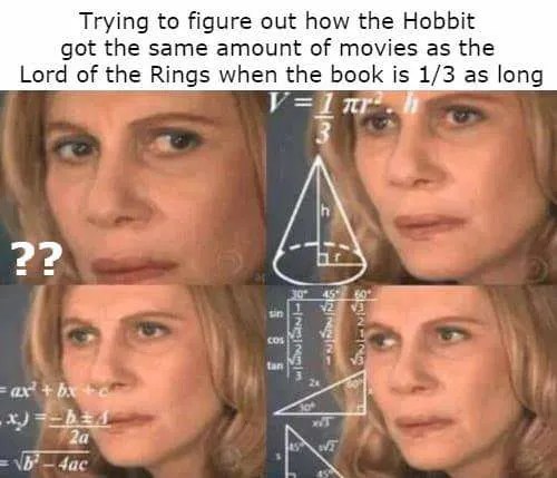 Lord of the Rings meme in regards to The Hobbit&rsquo;s movie length compared to its book counterpart.