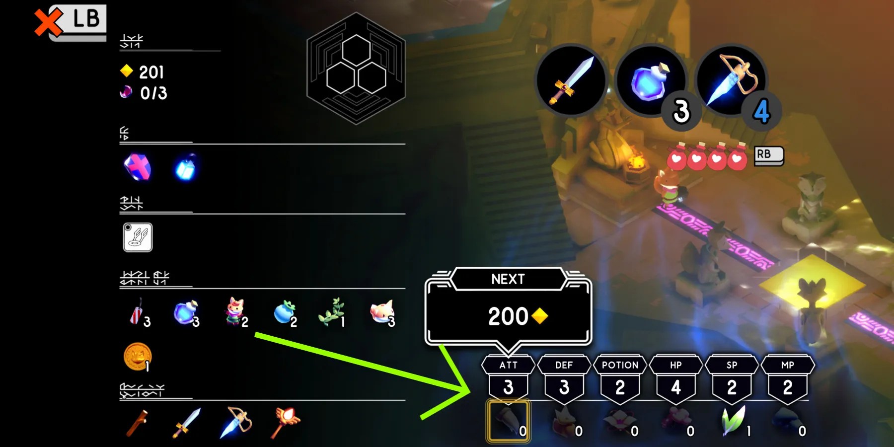 inventory screen with currencies, equipment, and consumables on the left and equipped items and upgrade currencies on the right. a green arrow points a row of upgrade currencies on the bottom right