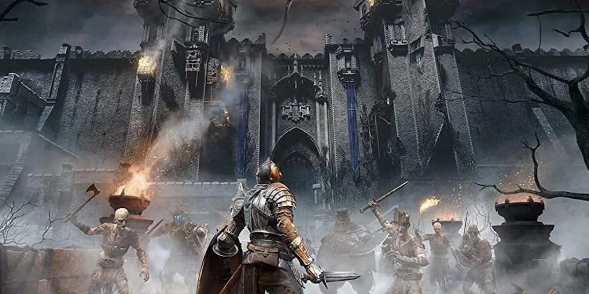 Demon&rsquo;s Souls remake protagonist overlooking Boletarian palace with a group of enemies approaching them