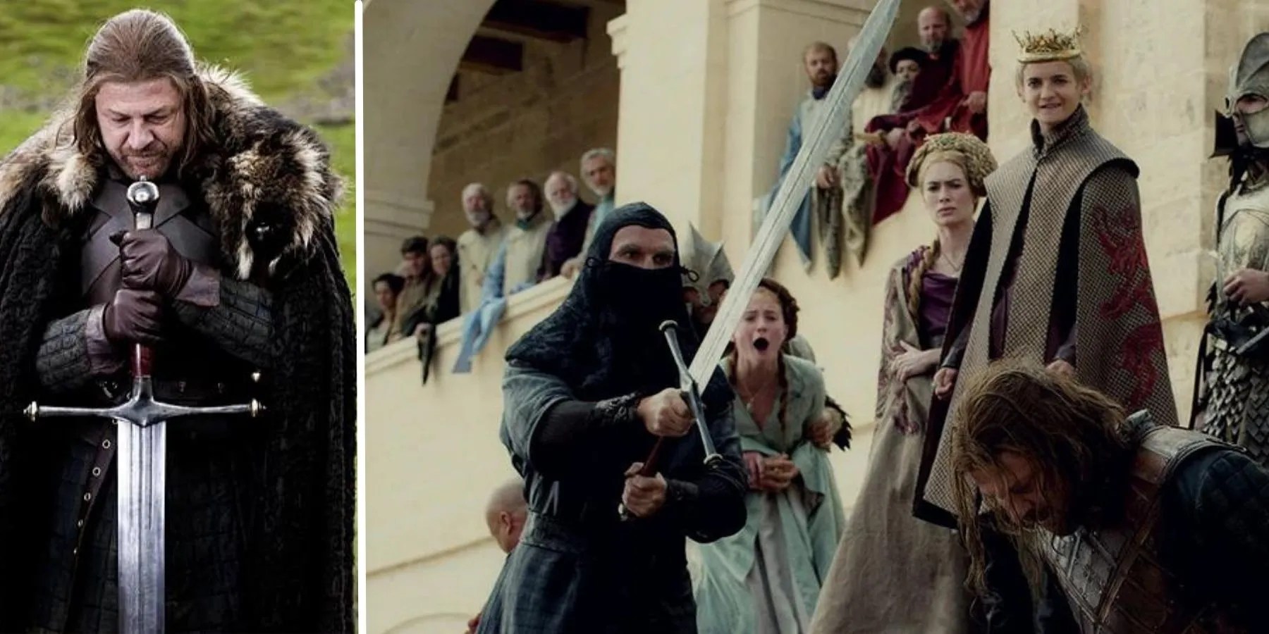 Split image of Ned Stark&rsquo;s ancestral sword Ice and his beheading in Game of Thrones.